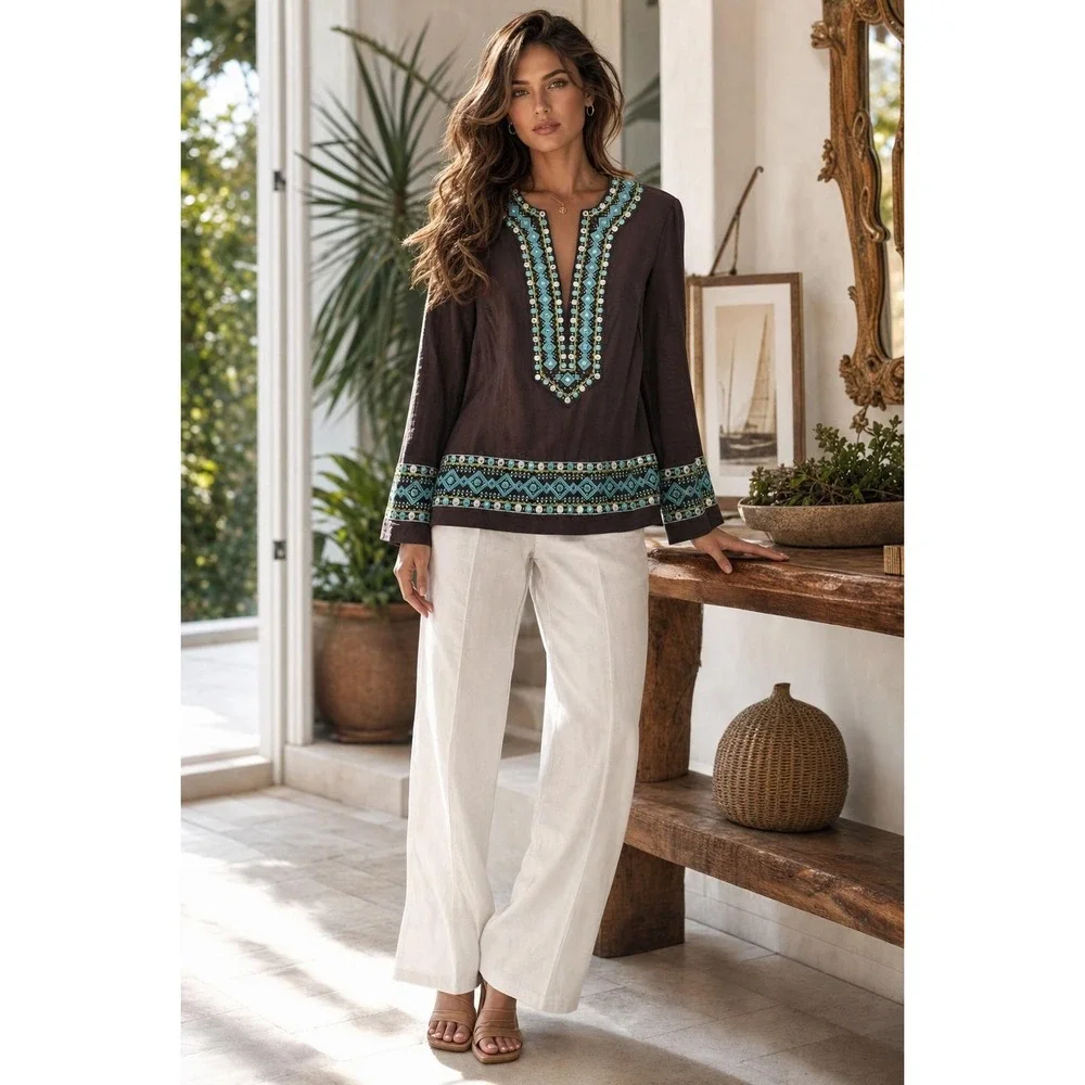 Tory Burch Tunic Women 2 Brown Boho Coastal Festival Embroidered Blue Resortwear